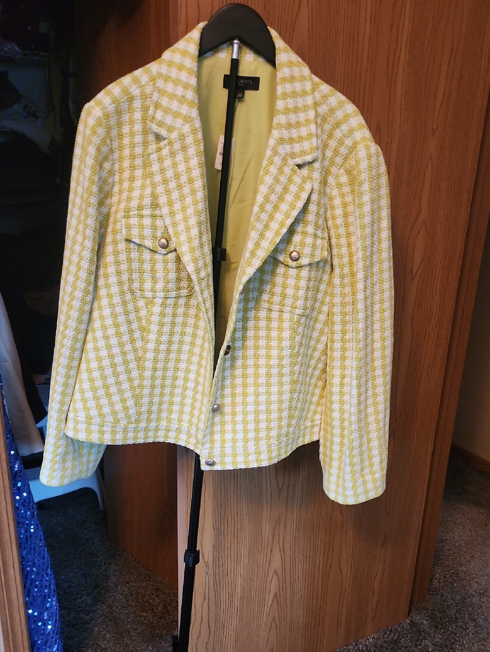 Talbots Yellow and White Tweed Blazer with Silver Buttons